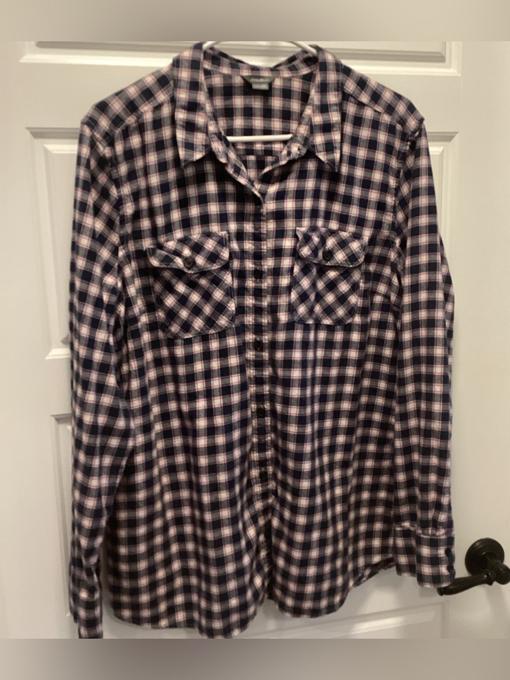 Eddie Bauer Navy and Pink Plaid Button-Down Flannel Shirt. Fitted